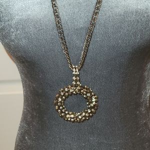 Long Black & Rhinestone Circle Necklace